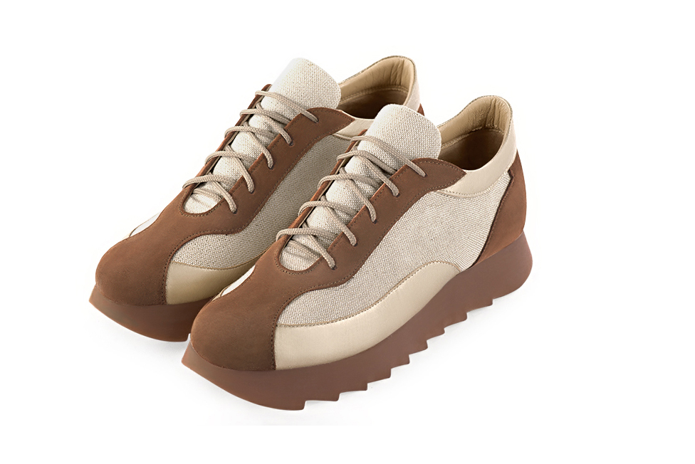 Chocolate brown and gold women's two-tone elegant sneakers. Round toe. Low rubber soles. Front view - Florence KOOIJMAN